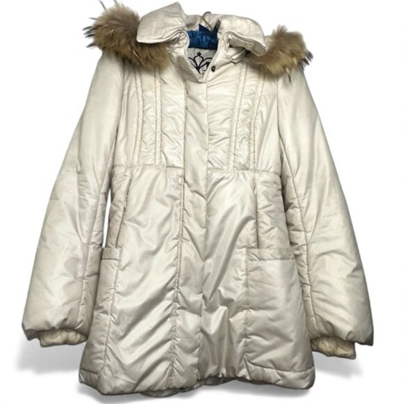 Mackage Cream Mid-length Down WOOL Leather Puffer jacket Coat with Fur Hood sz S - Picture 1 of 15
